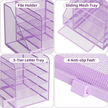 Desk Organizers and Accessories, 5-Tier Paper Letter Tray Organizer with File Holder, Mesh File Organizer, Office Desk Accessories & Organization for Supplies (Black)