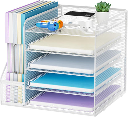Desk Organizers and Accessories, 5-Tier Paper Letter Tray Organizer with File Holder, Mesh File Organizer, Office Desk Accessories & Organization for Supplies (Black)