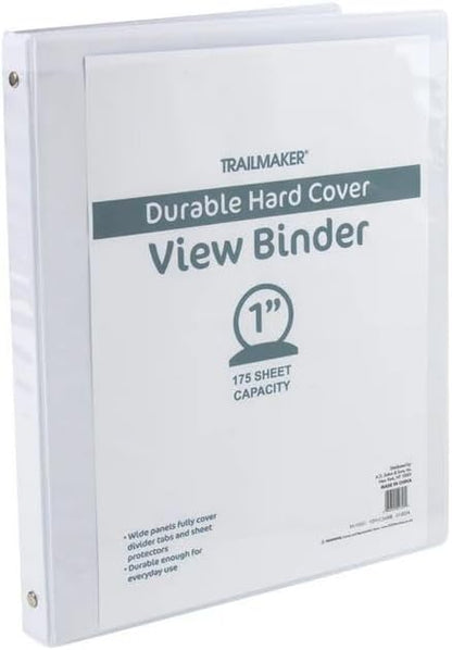 Trail Maker 1 inch Binders (50 Pack), 3 Ring Hardcover Binders in Bulk with Clear View Cover, Pockets for Classroom, Office, Portfolios | Bulk School, Teacher, Office Supplies (White Only Pack)