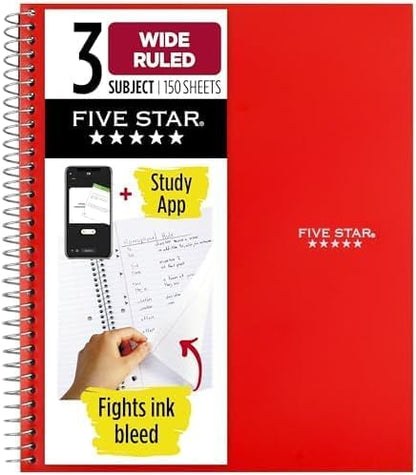 Five Star Spiral Notebook + Study App, 3 Subject, Wide Ruled Paper, 8" x 10-1/2", 150 Sheets, Fights Ink Bleed, Water Resistant Cover, Harvest Yellow (73463)