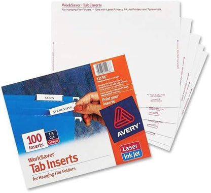 Avery : Laser/Inkjet Inserts for Hanging File Folders, 1/5 Tab, 2in, White, 100/Pack -:- Sold as 2 Packs of - 100 - / - Total of 200 Each