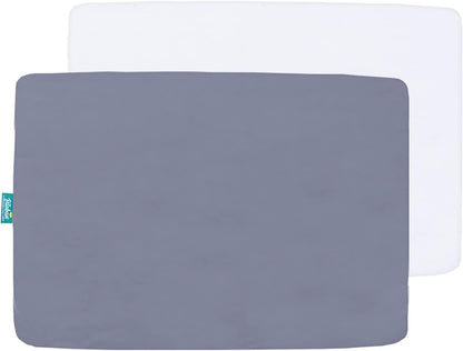 Pack and Play Sheets and Waterproof Pack n Play Mattress Protector Pad Cover 4 Pack Set, Ultra Soft Pack n Play Mattresses Sheets Compatible with Graco Pack n Play, Grey&Navy
