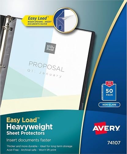 Heavyweight Easy Load Non-Glare Sheet Protector, Side: 3-Hole Punched, Top Load 8.5 x 11 Insert, Clear Front, 50/Box