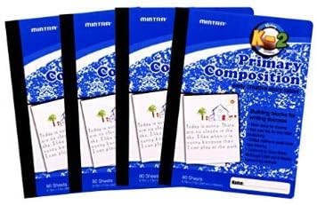 Mintra Primary Composition Notebook, 4 Pack, Assorted Colors 80 Sheets, 7.5in x 9.75in, 1/2 Sheet, Ruled with Drawing Area, Flexible Hardcover Journal, Grades K-2, School & Home Use