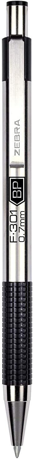 Zebra F-301 Retractable Ballpoint Pen with Stainless Steel Barrel 0.7mm Fine Point - Pack of 6 +3 Refills