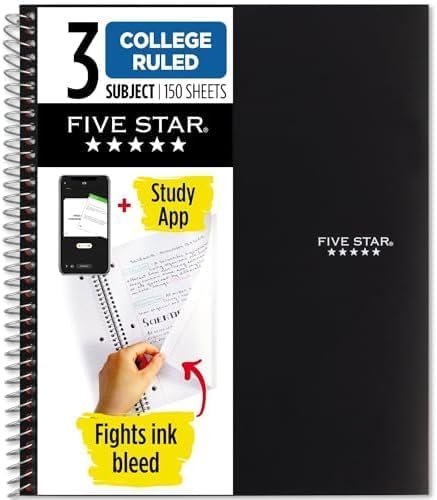 Five Star Spiral Notebook + Study App, 3 Subject, College Ruled Paper, 8-1/2" x 11", 150 Sheets, Fights Ink Bleed, Water Resistant Cover, Amethyst Purple (38746)