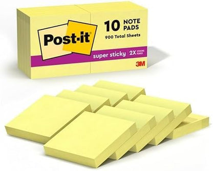 Post-it Super Sticky Notes, 2 in x 2 in, 10 Pads, 2X Sticking Power, Canary Yellow, Recyclable (622-10SSCY)