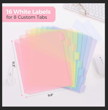 SKYDUE Pastel Binder Dividers with Tabs and Pockets - Soft Plastic Dividers for 3 Ring Binder, Includes 16 Blank Index Labels, for School & Office Organization, Pink