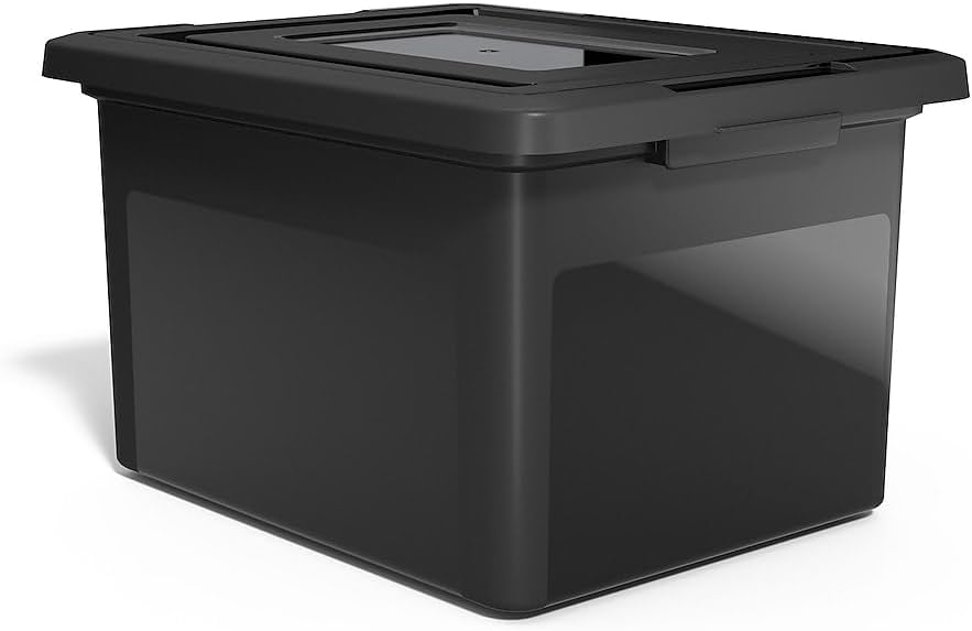 STAPLES File Folder Tote, Portable Filing Box for Letter SIze Hanging Folders, Security Latch & Built-In Lid Organizer, Black/Clear