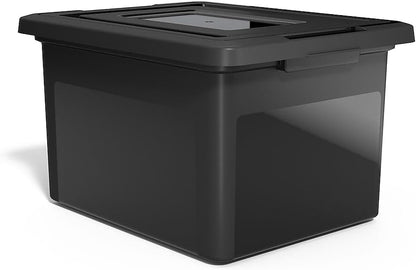 STAPLES File Folder Tote, Portable Filing Box for Letter SIze Hanging Folders, Security Latch & Built-In Lid Organizer, Black/Clear