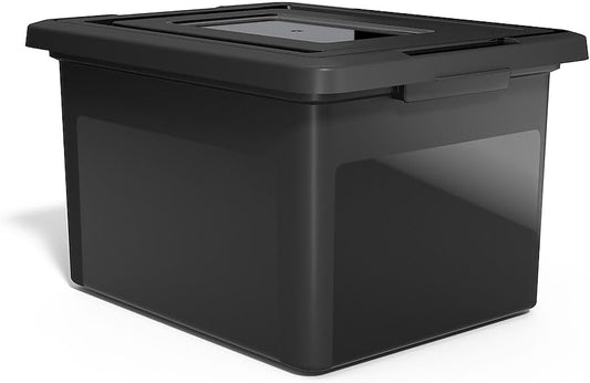 STAPLES File Folder Tote, Portable Filing Box for Letter SIze Hanging Folders, Security Latch & Built-In Lid Organizer, Black/Clear