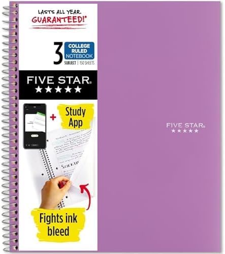 Five Star Spiral Notebook + Study App, 3 Subject, College Ruled Paper, 8-1/2" x 11", 150 Sheets, Fights Ink Bleed, Water Resistant Cover, Amethyst Purple (38746)