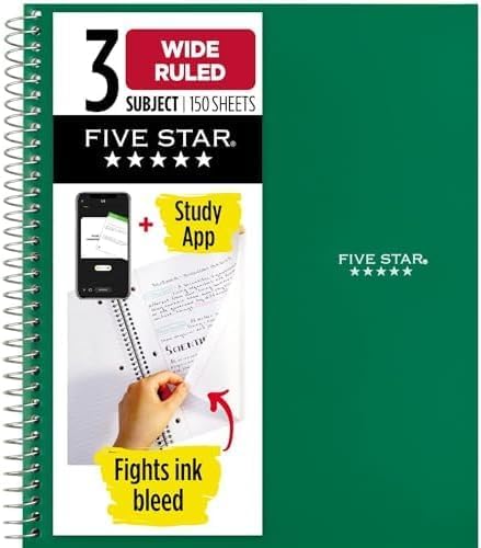 Five Star Spiral Notebook + Study App, 3 Subject, Wide Ruled Paper, 8" x 10-1/2", 150 Sheets, Fights Ink Bleed, Water Resistant Cover, Harvest Yellow (73463)