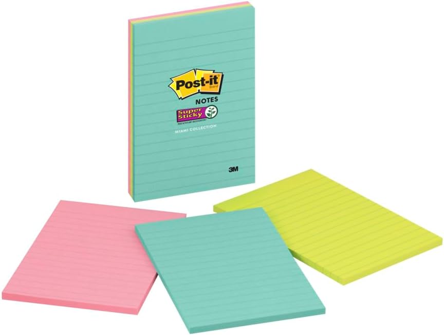 Post-it Super Sticky Lined Notes, 3 Sticky Note Pads, 4 x 6 in., School Supplies for Students, Ideal for Textbooks, Notebooks, Walls and Vertical Surfaces, Supernova Neons Collection