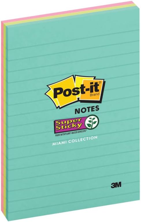 Post-it Super Sticky Lined Notes, 3 Sticky Note Pads, 4 x 6 in., School Supplies for Students, Ideal for Textbooks, Notebooks, Walls and Vertical Surfaces, Supernova Neons Collection