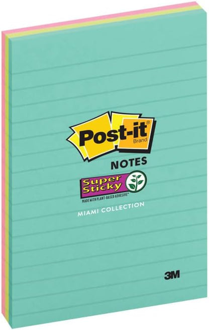 Post-it Super Sticky Lined Notes, 3 Sticky Note Pads, 4 x 6 in., School Supplies for Students, Ideal for Textbooks, Notebooks, Walls and Vertical Surfaces, Supernova Neons Collection