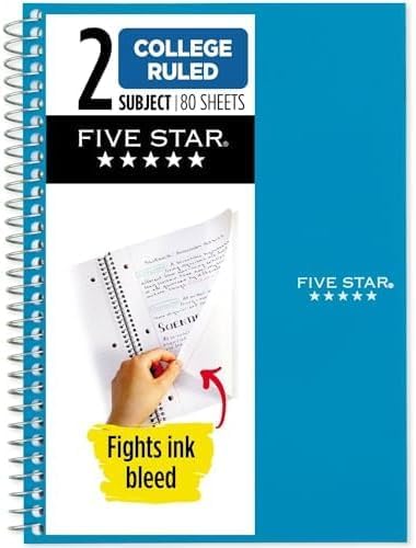 Five Star Spiral Notebook, 2 Subject, College Ruled Paper, 6" x 9.5", 80 Sheets, Blue (Color May Vary) (840029CG1)