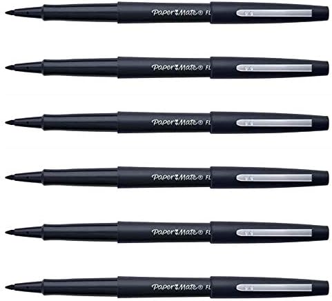 Paper Mate Pack of 6 Felt-Tip Pens Flair Original Black, Medium Point, Metal Clip, Body and Cap in Ink Color (S0190972/S0190973)