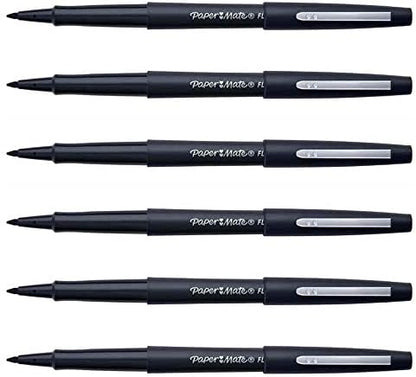 Paper Mate Pack of 6 Felt-Tip Pens Flair Original Black, Medium Point, Metal Clip, Body and Cap in Ink Color (S0190972/S0190973)