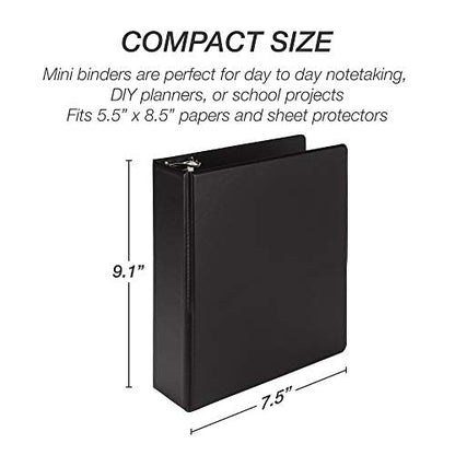 Samsill Economy 3 Ring Mini Binder, 1-Inch Round Ring Binder, Holds 100 Sheets, Black, 6 Pack (MP32300)