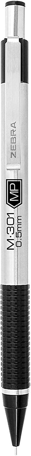 Zebra M-301 Mechanical Pencils 0.5mm, Standard Stainless Steel HB Lead Pencil, 6 Pack with 15 Bonus Eraser Refills