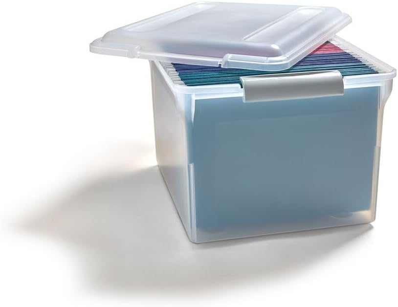 STAPLES Plastic File Box with Snap Lid, Letter/Legal Size, Clear, 4/Carton