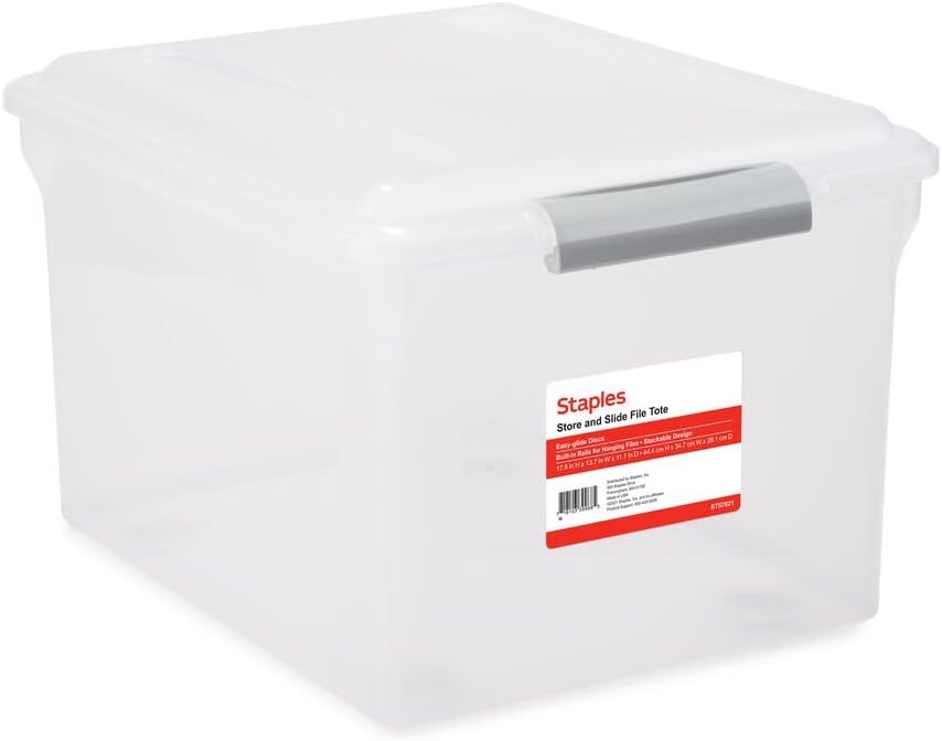 STAPLES Plastic File Box with Snap Lid, Letter/Legal Size, Clear, 4/Carton