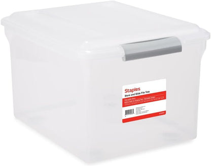 STAPLES Plastic File Box with Snap Lid, Letter/Legal Size, Clear, 4/Carton