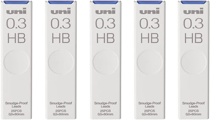 Uni Pencil Lead, The Uni Smudge-Proof Leads, 0.3mm HB, 25 Leads x 5 Pack