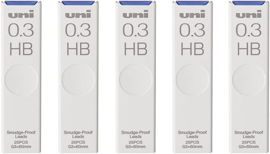 Uni Pencil Lead, The Uni Smudge-Proof Leads, 0.3mm HB, 25 Leads x 5 Pack