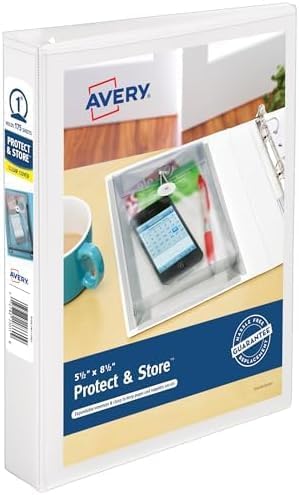 Avery Mini Durable View Protect & Store 3 Ring Binder, Holds 5.5" x 8.5" Paper, 1" Round Rings, 175-Sheet Capacity, 1.4 Inch Wide Spine, Includes Fully Enclosed Pocket, 1 White Binder (23011)