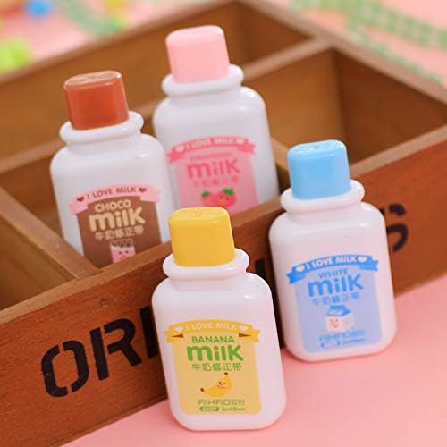 Brccee AC 4PCS Milk Bottle Correction tape Kawaii Cartoon Stationery Cute Students School Office Supplies (Brown, Blue, Yellow, Pink - Delivery with Random Color)