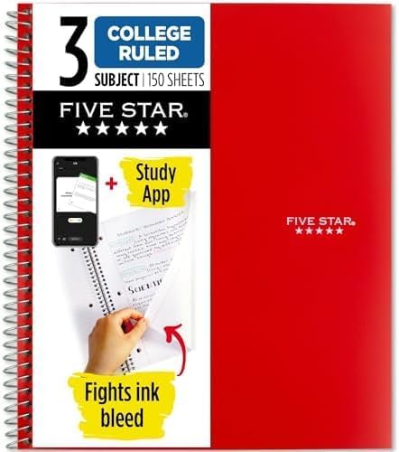 Five Star Spiral Notebook + Study App, 3 Subject, College Ruled Paper, 8-1/2" x 11", 150 Sheets, Fights Ink Bleed, Water Resistant Cover, Amethyst Purple (38746)