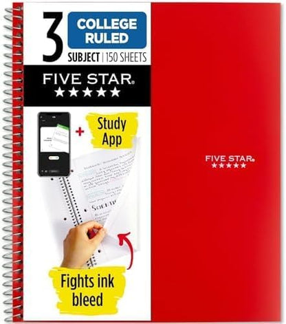 Five Star Spiral Notebook + Study App, 3 Subject, College Ruled Paper, 8-1/2" x 11", 150 Sheets, Fights Ink Bleed, Water Resistant Cover, Amethyst Purple (38746)