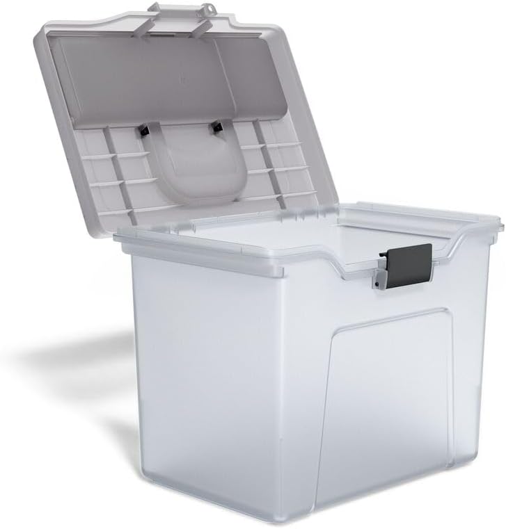 STAPLES Plastic File Box with Snap Lid, Letter/Legal Size, Clear, 4/Carton