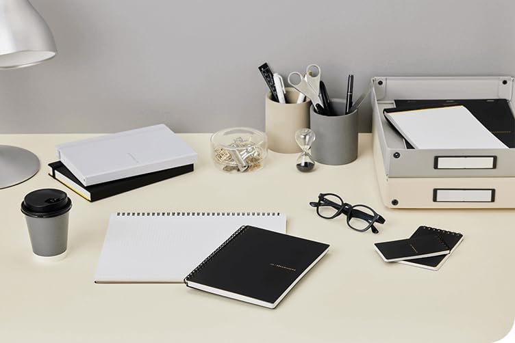 Maruman Mnemosyne Grid Notebook- Horizontal A5 Layout, 5.83" x 8.27", 70 Sheets / 140 Pages, 5mm Graph Paper Journal, Perforated Pages & Wire-Bound to Lay Flat, Black, Made in Japan