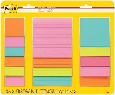 Post-it Super Sticky Notes, 15 Sticky Note Pads, Multi-Size., School Supplies, Office Products, 2X the Sticking Power, Supernova Neons Collection