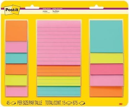 Post-it Super Sticky Notes, 15 Sticky Note Pads, Multi-Size., School Supplies, Office Products, 2X the Sticking Power, Supernova Neons Collection