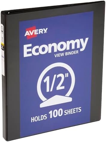 Avery Standard View 3 Ring Binder, 0.5" Round Rings, 100-Sheet Capacity, 0.7 Inch Wide Spine, 1 Black Binder, Ideal for Lightweight Organization and Occasional Referencing (05751)