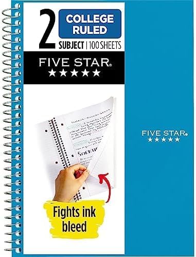 Five Star Small Spiral Notebook, 2 Subject, College Ruled Paper, 9-1/2" x 6", 100 Sheets, Teal Blue (06180AA4)