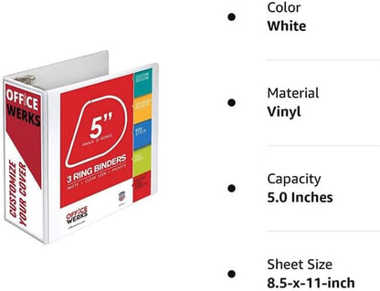 3 Ring Binder, Professional Angle D Ring Binder 5 Inch, Presentation Folder for Standard Pages 8.5 x 11 with Pockets, Crystal Clear View White (1 Pack)