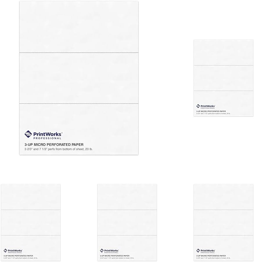 PrintWorks Professional 3 2/3" Horizontal Perforated Paper 8.5” x 11” - Perfect For W-2, 1099, & Statement Use - Made in the USA - 500 Sheets - 20 lb - Printer Compatible - White (04124)