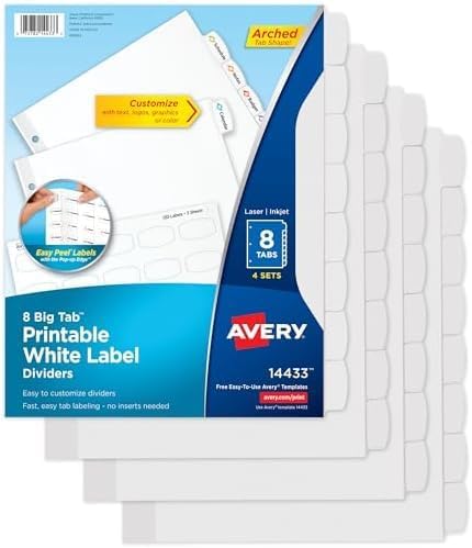 Avery Big Tab Printable White Label Dividers for 3 Ring Binders, 8 Tabs per Set, White, Great for Office Supplies, School Supplies, Organizing, and More (4 Sets of 14433)