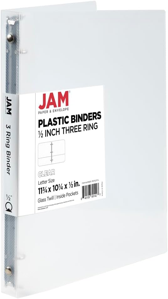 JAM PAPER Plastic 0.75 inch Binder - Clear 3 Ring Binder - Sold Individually