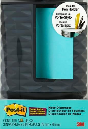 Post-it Note Dispenser, Vertical Design, Pop-Up Notes, Black with Grey Geometric Pattern, 1 Aqua Splash 3 in x 3 in Super Sticky Note Pad