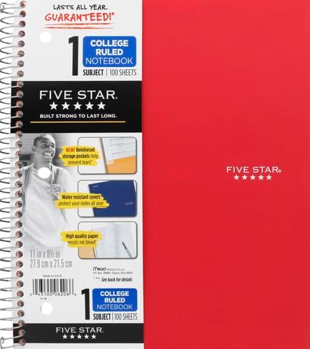 Five Star Spiral Notebook + Study App, 2 Pack, 1 Subject, College Ruled Paper, 100 Sheets, 8-1/2" x 11", Pacific Blue, Fire Red (38452)