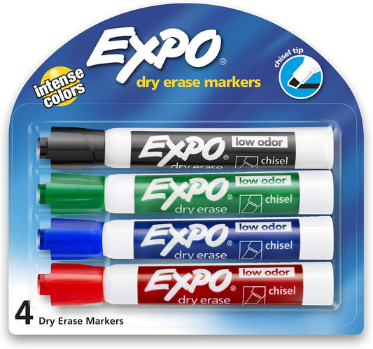 Low-Odor Dry Erase Markers, Chisel Tip, Assorted Colors, 4-Count