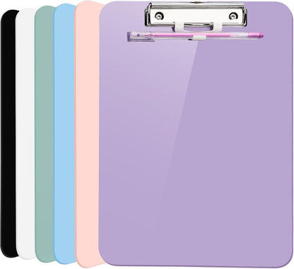 SFLHHDM 1 Pcs Clear Glitter Clipboards, Plastic Clipboard with Pen Holder, Size 8.85 x 12.4 in Shiny Clipboards with Low Profile Clip, Cute Hanging Clipboard for Office School Sparkly Clip Board-Pink