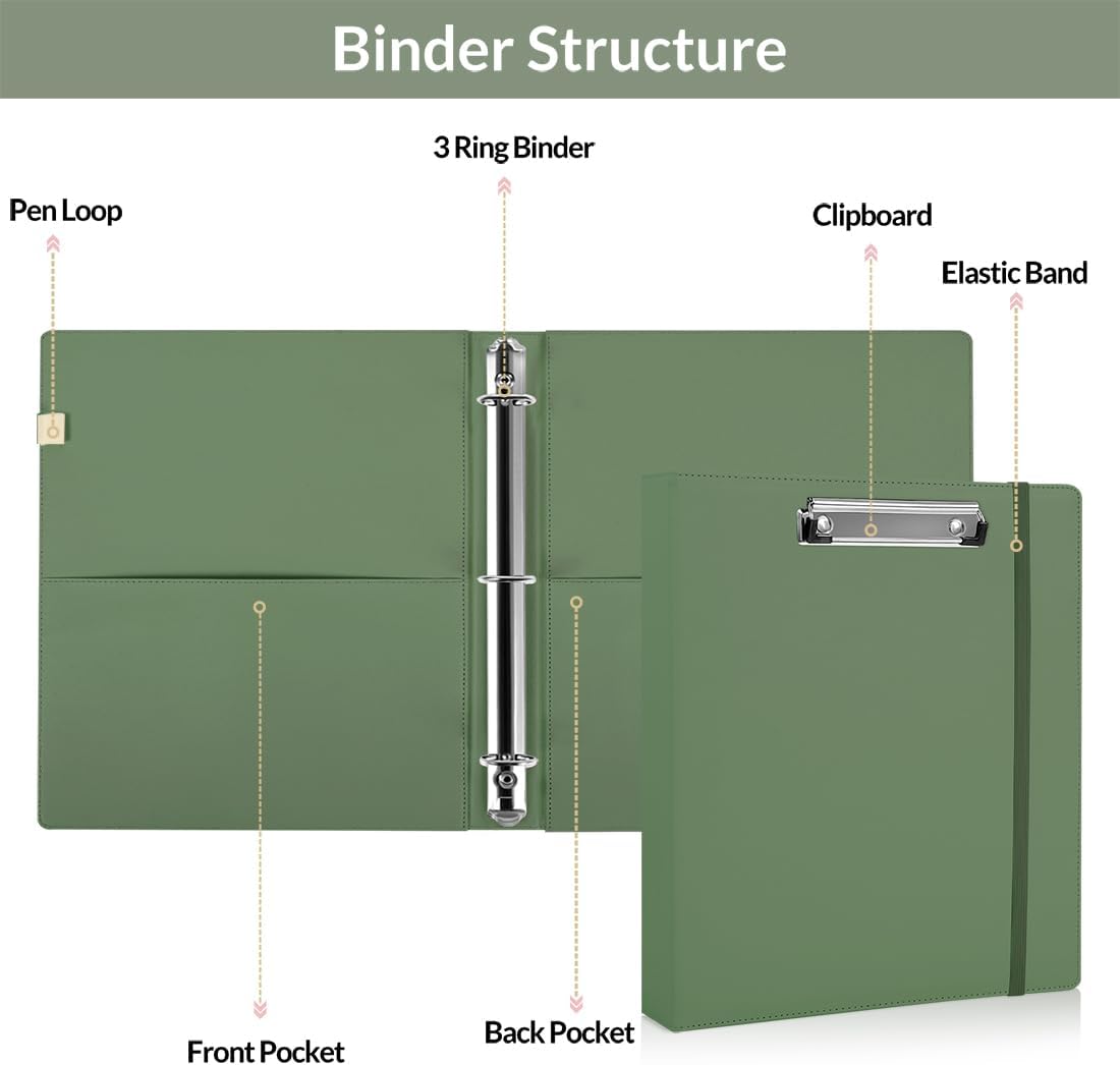 SKYDUE 3 Ring Binder with Clipboard,1 Inch Binder, 13.2" × 10.2" PU Clipboard Binder with Notepad & 5 Dividers with 5 Pockets, Labels, Clipboard Folder Great for School Office(Fit Letter Sized Paper)
