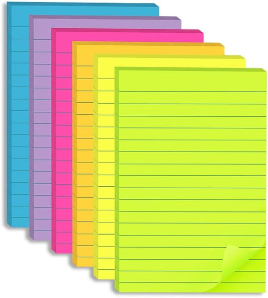 (12 Pack) Lined Sticky Notes 4x6 in,Large Notepads with Lines,Ruled Stickies Super Sticking Power,Office School Memo Note Pads Bright Colors,Post on Windows Doors,Recyclable,Easy to Write on